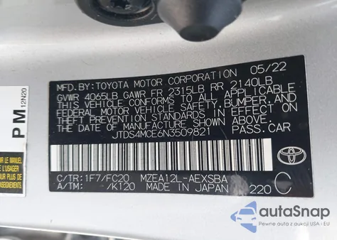 2022 Toyota Corolla Se z USA, uszkodzony, nr VIN JTDS4MCE6N3509821